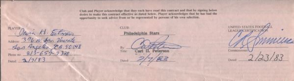 Irv Eatman signed 1986 USFL Philadelphia Stars football contract 
