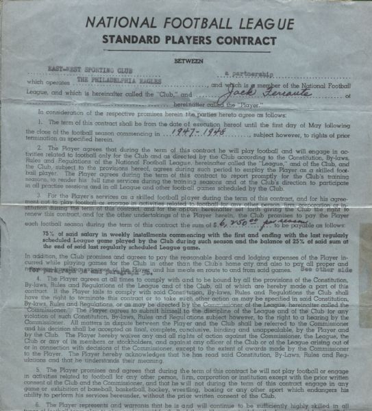 1947 Jack Ferrante Signed Philadelphia Eagles NFL Football Contract - Greasy Neale HOF