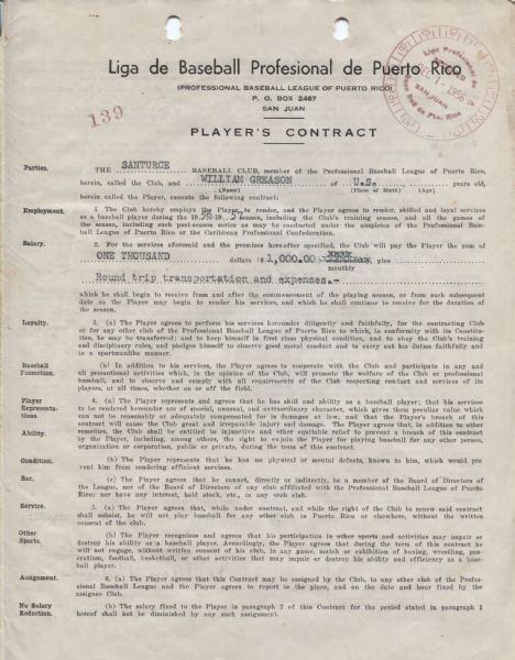 Bill Greason St. Louis Cardinals Negro League signed  1956-57 Puerto Rico Baseball Contract 