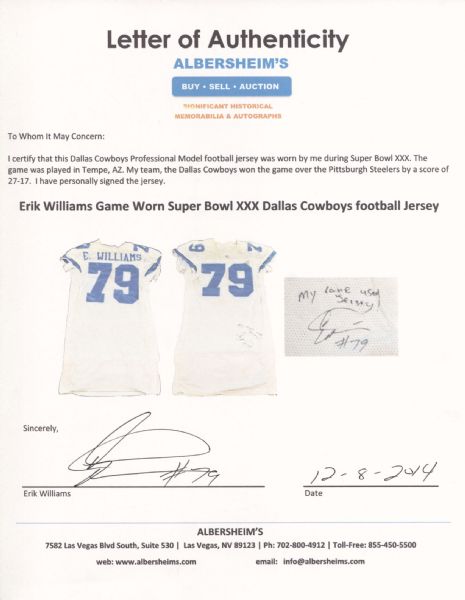 ERIK WILLIAMS SB Champs Signed Autographed Dallas Cowboys Custom XL Jersey  PSA