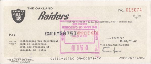 Al Davis signed 1977 Oakland Raiders payroll check