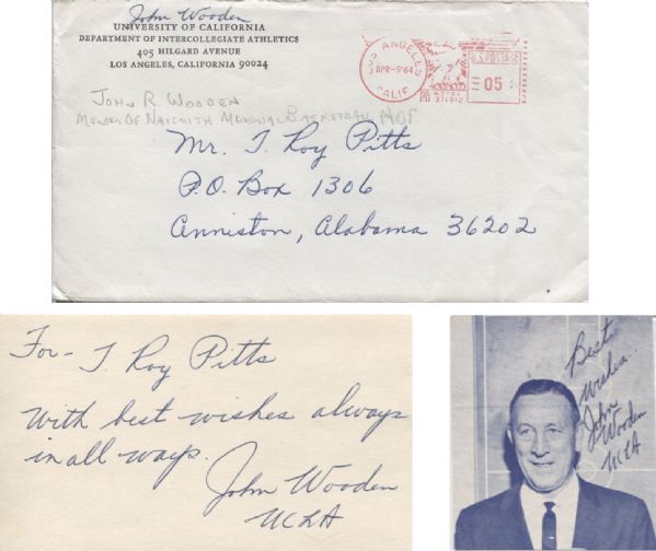 John Wooden Signed Autograph Collection of 3 from 1964