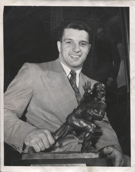 1949 Leon Hart Notre Dame Holding his Heisman Trophy original photo