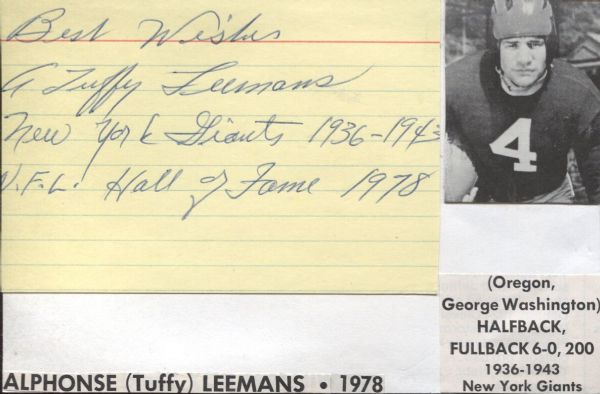 Tuffy Leemans signed 3x5 card Tough Pro Football HOF D.1979  New York Giants