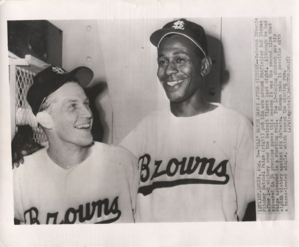 Satchel Paige after win with Bob Nieman 1952 St. Louis Browns original photo