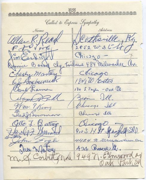  Jim Enright multi-signed 1955 Arch Ward Funeral Guest Book Page    
