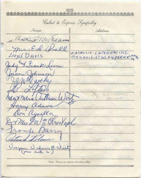 Arthur Wirtz multi-signed 1955 Arch Ward Funeral Guest Book Page    