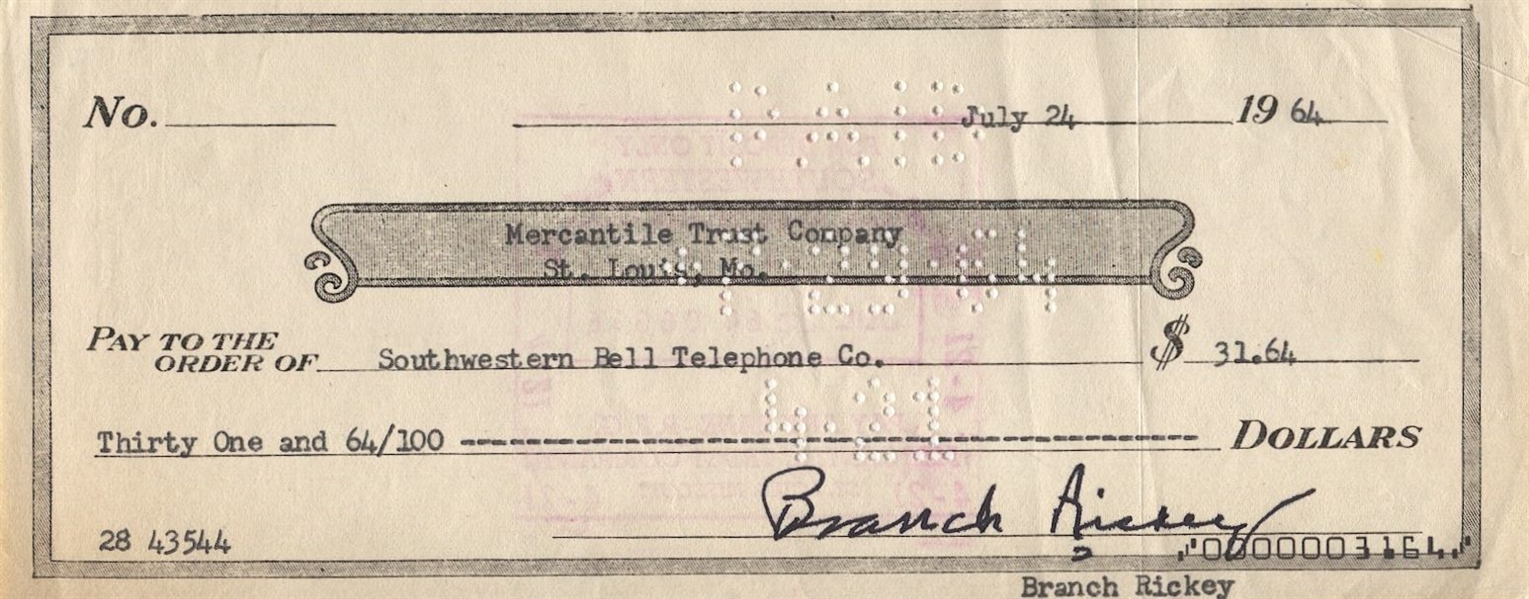 Branch Rickey signed bank check Brooklyn Dodgers D. 1965