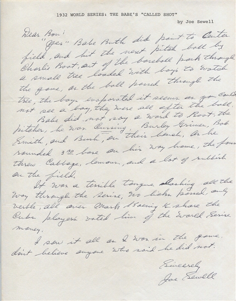 Joe Sewell Signed Handwritten Letter - Detailed about Babe Ruths Called Shot Home Run