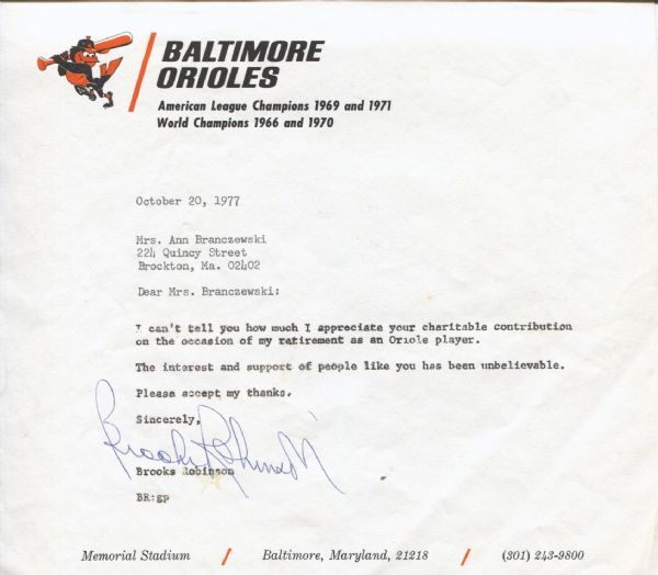 Brooks Robinson signed letter from 1977 on Orioles letterhead