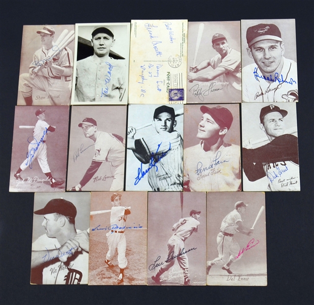 Collection of 14 Different Autographed Exhibit Cards & Postcards HOF’ers & Stars