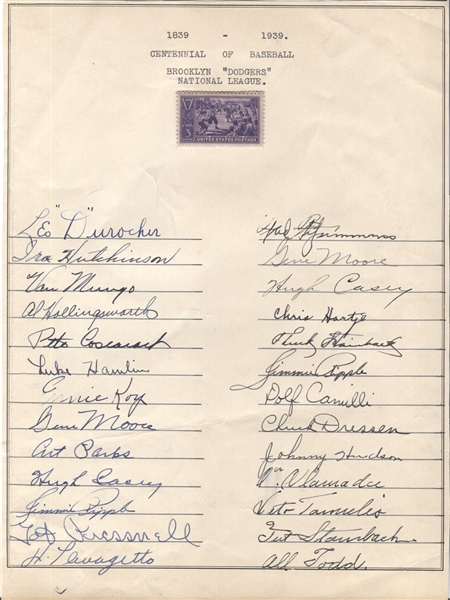 1939 Brooklyn Dodgers Signed Team Sheet