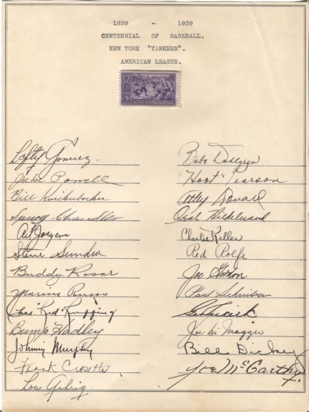 1939 Word Series Champions – New York Yankees signed Team Sheet w/ 25 Sigs