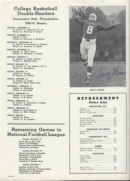 Heisman Trophy Winner – Davey O’Brien Signed 1940 Philadelphia Eagles Program