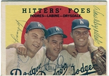 1959 Topps #262 Hitters’ Foes Signed by Drysdale – Labine – Podres ALL 3