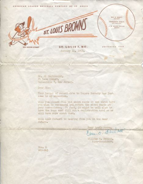 Bill Dewitt Sr. Signed letter on St. Louis Browns Letterhead 