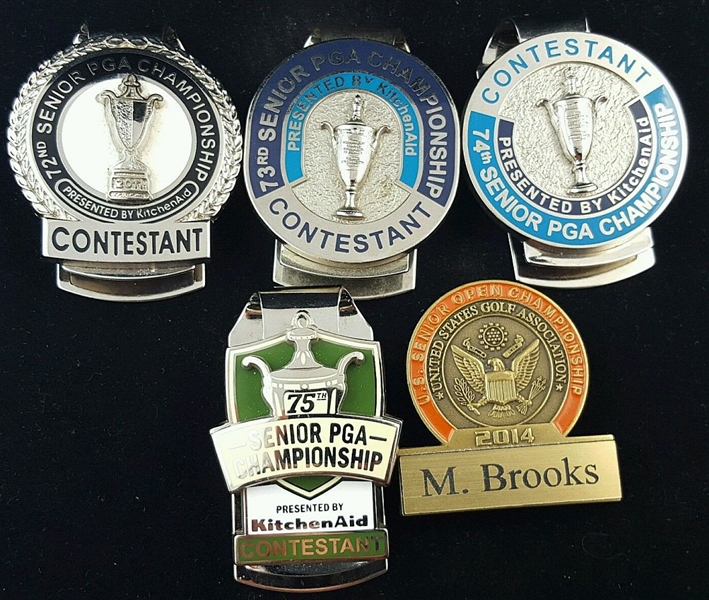 Lot of 4 Senior Contestant PGA Money Clips & 1 US Senior Open Championship Money Clip Credential – Mark Brooks Collection