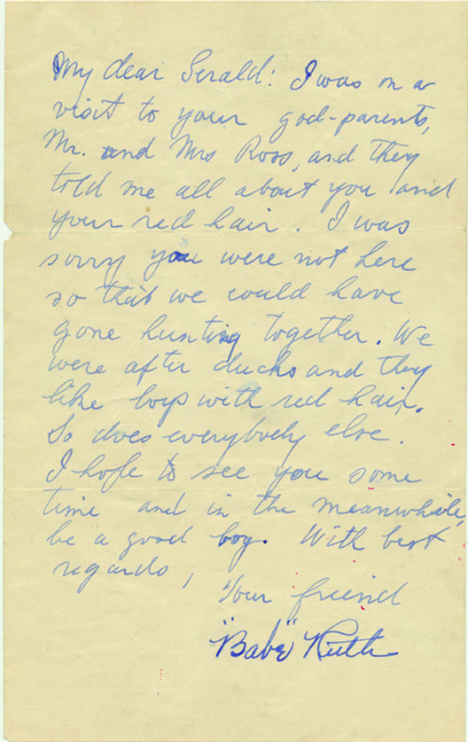 Handwritten 1923 letter from Babe Ruth to Boston Globe writer up