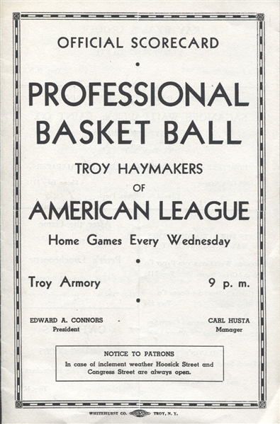 1938-39 ABL Basketball Troy Haymakers vs New York Jewels program