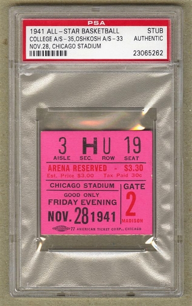 1941 College All-Stars vs. Oshkosh All-Stars November 28th Ticket Stub PSA Encapsulated