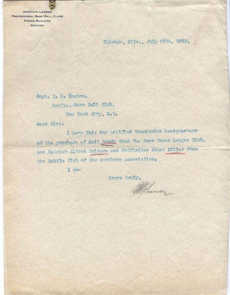 Ban Johnson signed letter Baseball HOF D. 1931 – JSA LOA