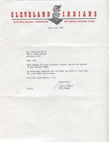 Bill Veeck typed letter Signed from 1947 on Indians Letterhead HOF