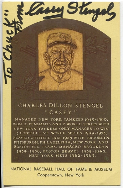 Casey Stengel Double Signed Gold Hall of Fame Plaque Postcard