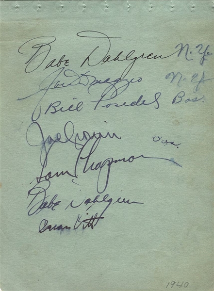 Joe DiMaggio Multi - Signed Circa 1940 Album Page w/ Yankees & Red Sox