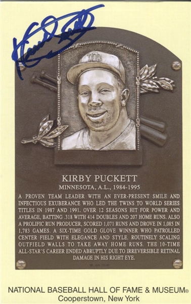 Kirby Puckett Signed Yellow HOF Plaque Postcard