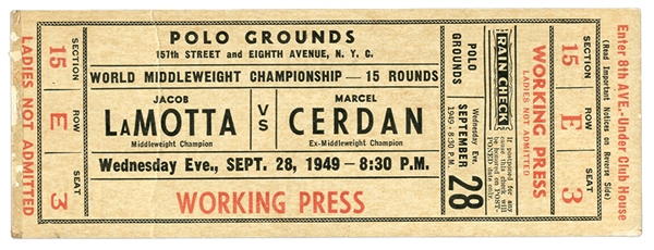 1949 Jake LaMotta Vs. Marcel Cerdan Original Boxing Ticket MIDDLEWEIGHT TITLE