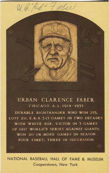 U.C. "Red" Faber Signed Yellow Hall of Fame Plaque Postcard
