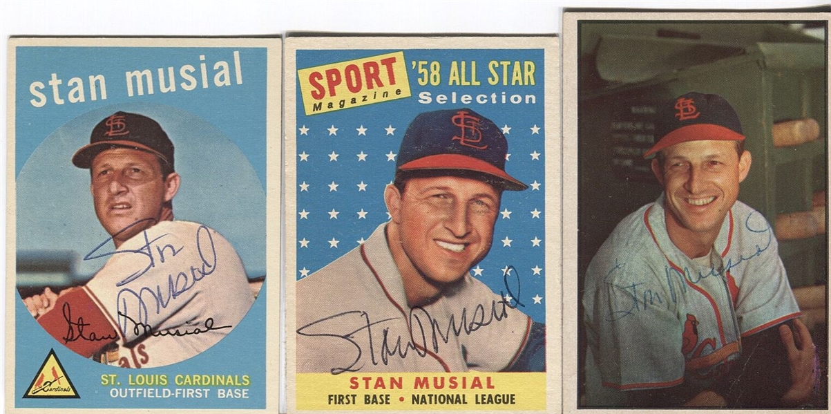 Stan Musial Signed Autographed Bowman & Topps Baseball Cards (3)
