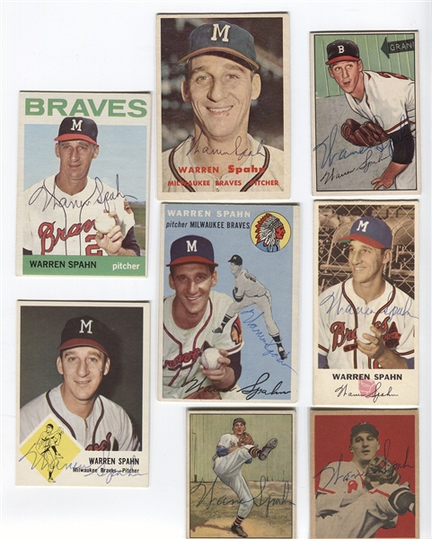 Warren Spahn Group of 8 Signed Baseball Cards – GREAT BREAK