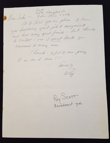 Ray Scott Signed Handwritten Letter #3  – Voice of the Green Bay Packers