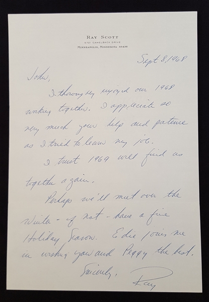 Ray Scott Signed Handwritten Letter #4  – Voice of the Green Bay Packers