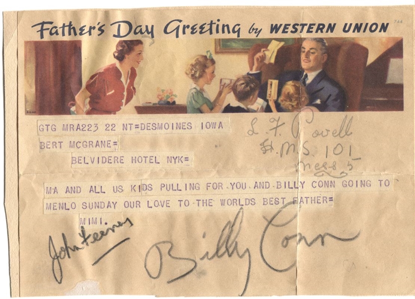 Billy Conn signed Autographed Telegram Boxing Hall of Fame