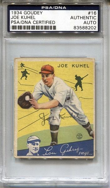 1934 Goudey Baseball Card #16 Joe Kuhel D.1984 Signed PSA/DNA