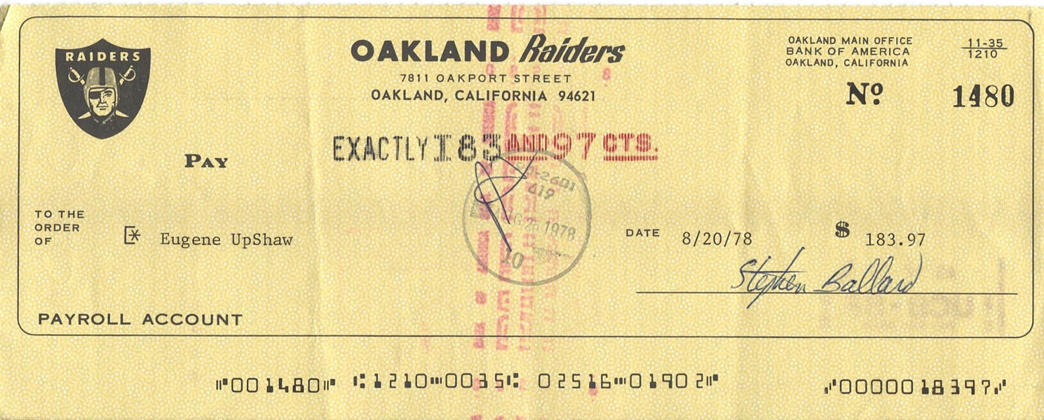 Gene Upshaw HOF signed 1978 Oakland Raiders payroll check
