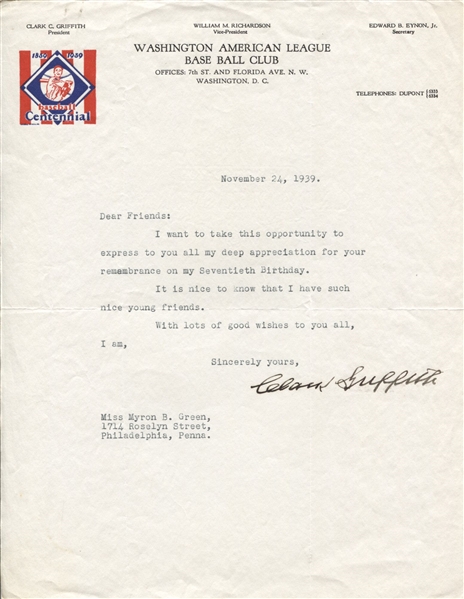 Clark Griffith Typed Letter Signed on Washington Senators Letterhead D.1955 JSA LOA