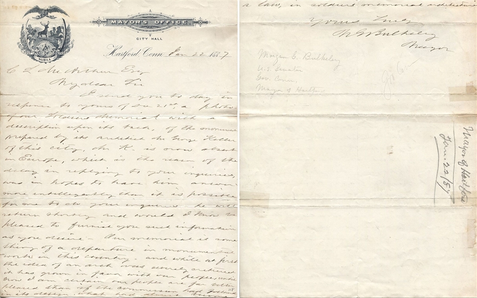 Morgan Bulkeley Signed Handwritten Letter Baseball HOF 1st President of the National League D. 1922 PSA/DNA 