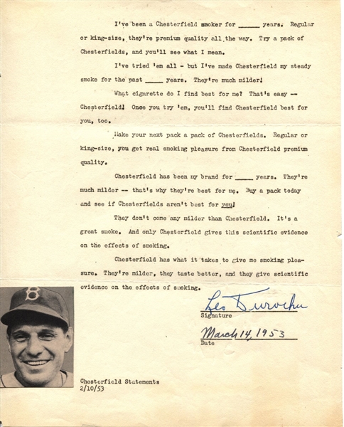 Leo Durocher Signed 1953 Document Testimonial for Chesterfield Cigarettes JSA COA