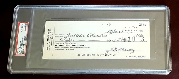 Joe McCarthy Baseball HOF Signed personal check to Catholic Charities New York Yankees PSA/DNA