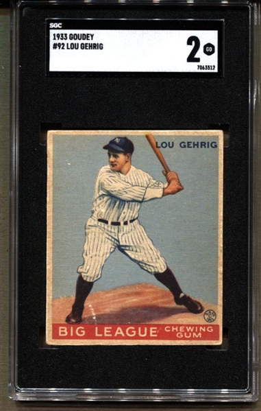 1933 Goudey #92 baseball card Lou Gehrig SGC 2