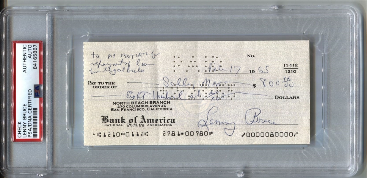 Lenny Bruce Signed Personal Check for Legal bills Greatest Comedian of All Time PSA/DNA