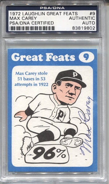Max Carey Signed AUTO 1972 Laughlin Great Feats #9 PSA/DNA