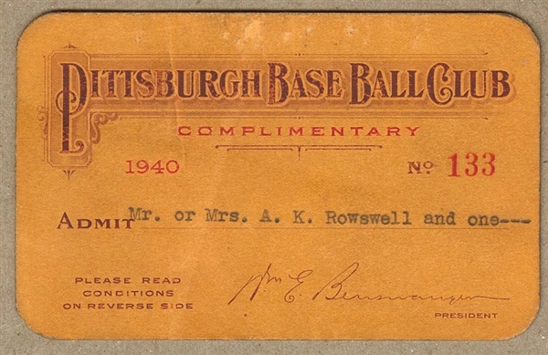 1940 Pittsburgh Pirates Season Pass – Rosey Rowswell 1st Broadcaster in History
