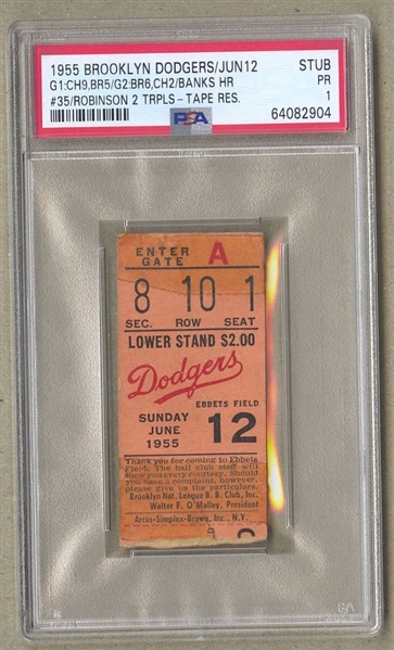 1955 Brooklyn Dodgers vs Cubs June 12 Ernie Banks #35 HR Jackie Robinson 2 Triples & Stolen Base Ticket Stub PSA