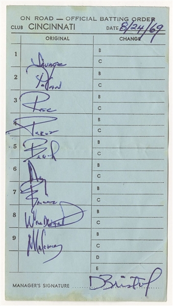 August 24, 1969 Cincinnati Reds Official Batting Order Lineup Card (vs. Pirates) Signed by Dave Bristol 