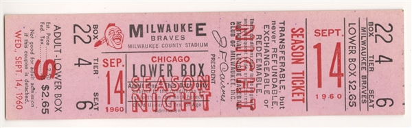 September 14, 1960 Milwaukee Braves vs. Cubs Full Ticket Eddie Mathews HR #336
