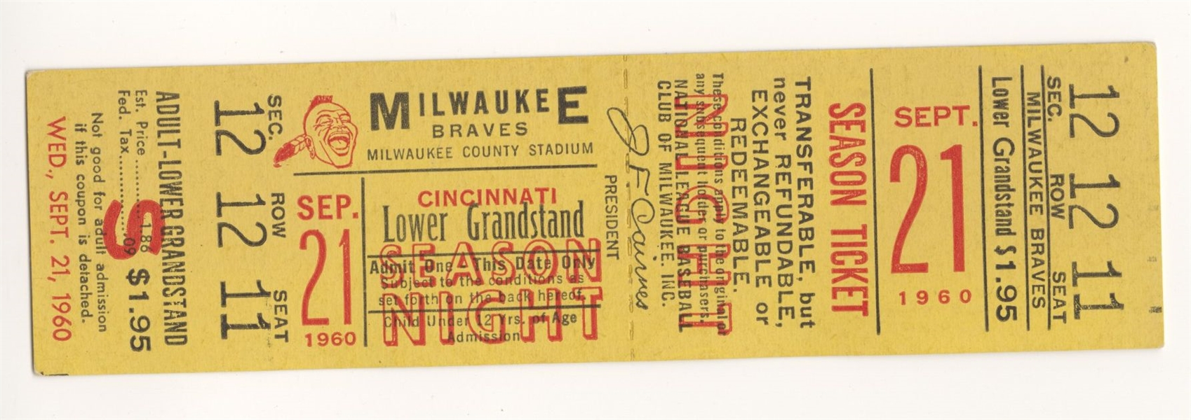 September 21, 1960 Milwaukee Braves vs. Reds Full Ticket Hank Aaron HR #217 Spahn Win 288